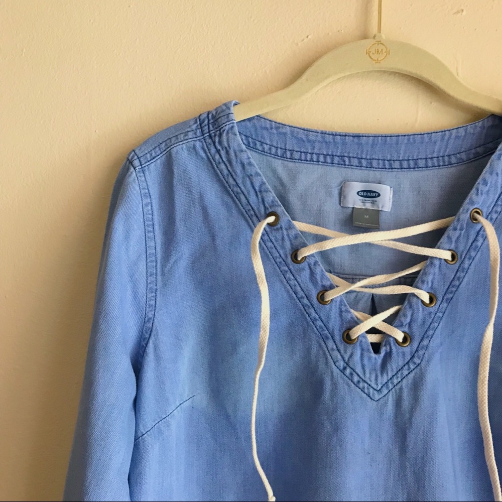 Denim-Chambray Long Sleeve Dress, Lace Up Neckline